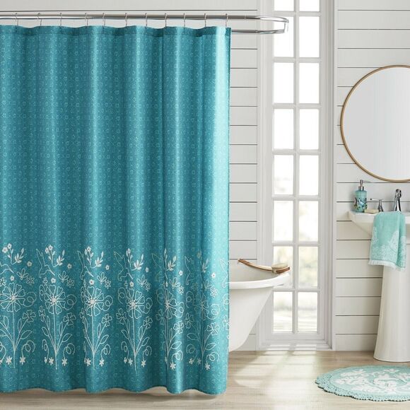 Pioneer Woman Mazie Shower Curtain Embroidered Floral White Teal Blue Bath Gift - Picture 2 of 4